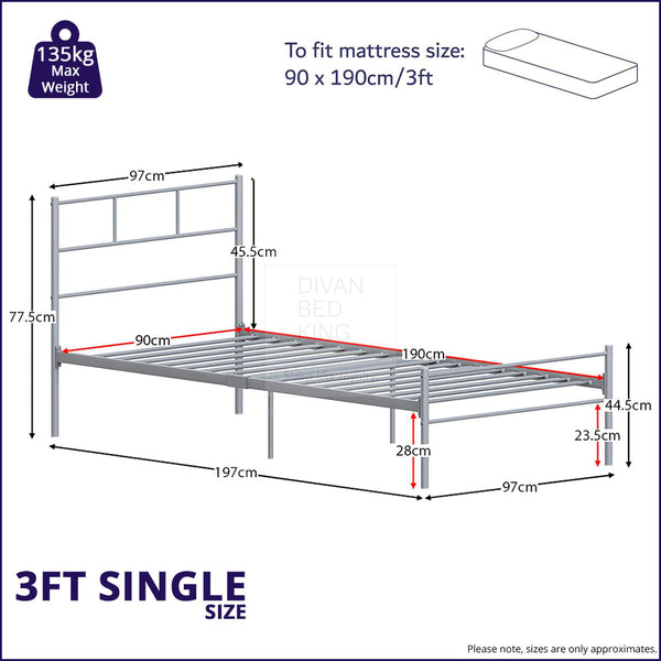 Mathias Steel Metal Bed 3ft Single Dimensions