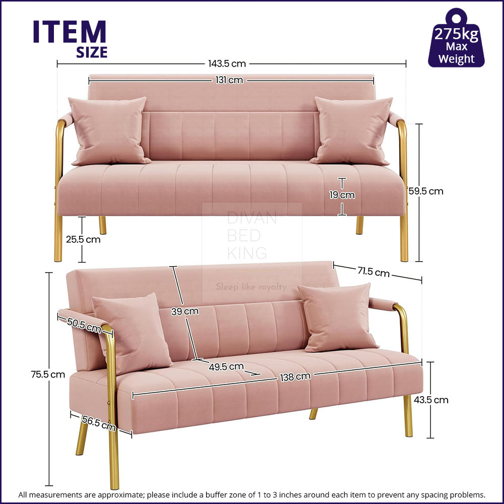 Parisa Pink Velvet Velour 2 Seater Sofa Dimensions