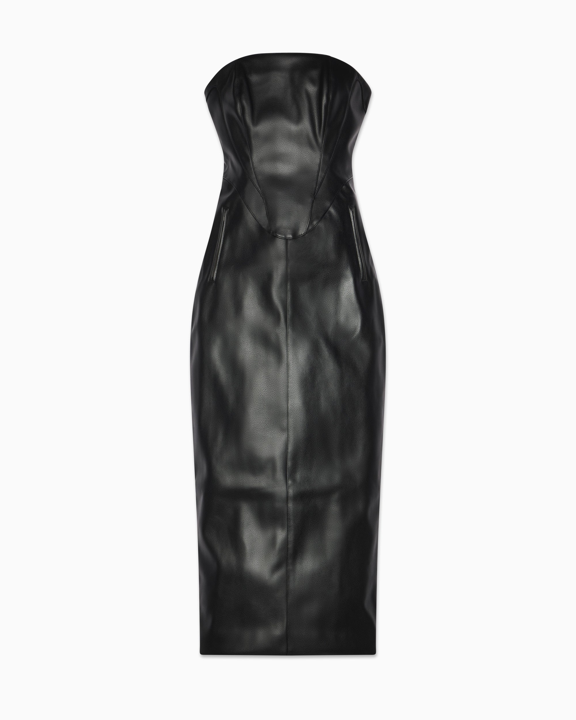 1 FAUX LEATHER STRAPLESS LONG DRESS FRONT