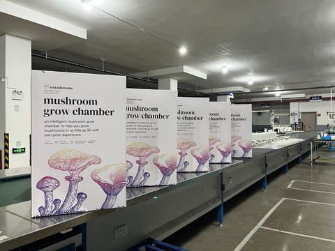 Terrashroom automated mushroom grow chamber product packaging on manufacturing assembly line