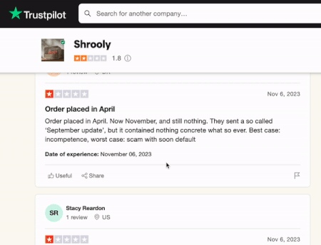 Trustpilot reviews from customers claiming Shrooly is a scam :(