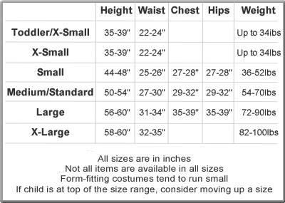 Rubies Childrens Size Chart