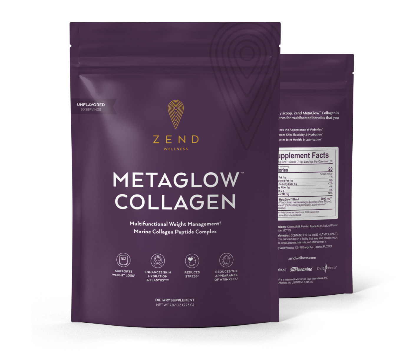 Two packages of Zend Wellness Metaglow Collagen supplement with details and nutritional information.