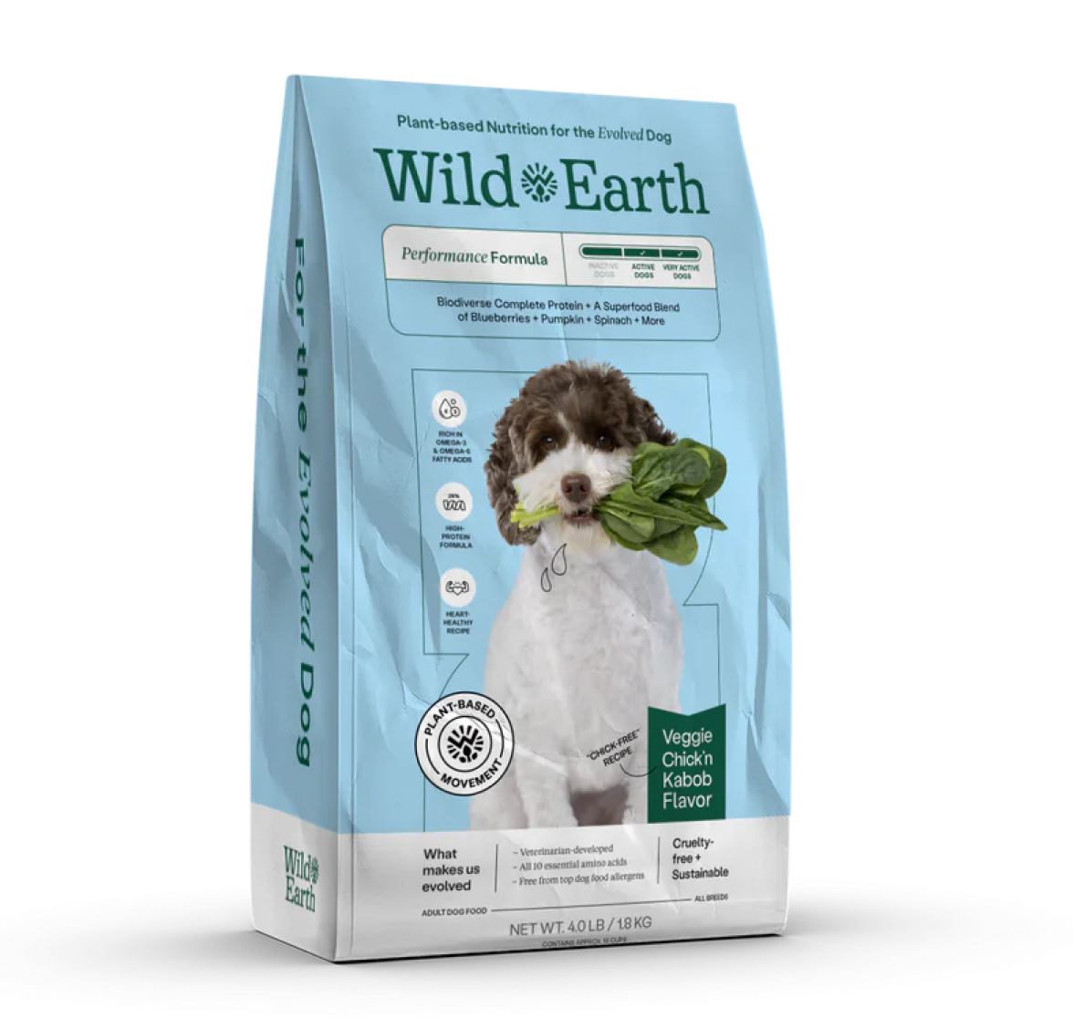 A package of Wild Earth plant-based dog food with a dog holding a leafy green in its mouth.