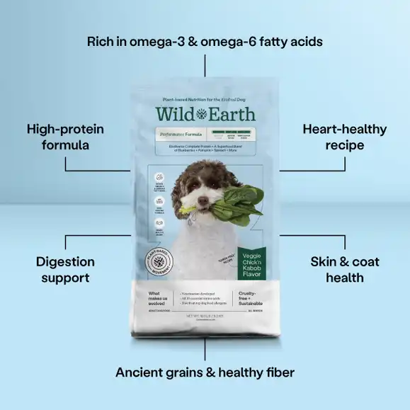 A package of Wild Earth plant-based dog food with various health benefit labels and an image of a dog.