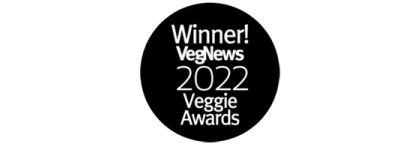 Award logo stating 'Winner! VegNews 2022 Veggie Awards' on a black background.