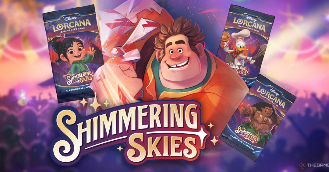 Illustration of Wreck-It Ralph with Lorcana: Shimmering Skies booster packs, showing Disney characters such as Vanellope, Donald Duck and Maui.