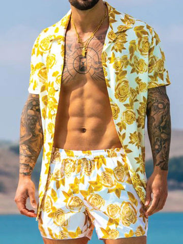 Men's Loose Beachwear Printed Short-sleeved Suit