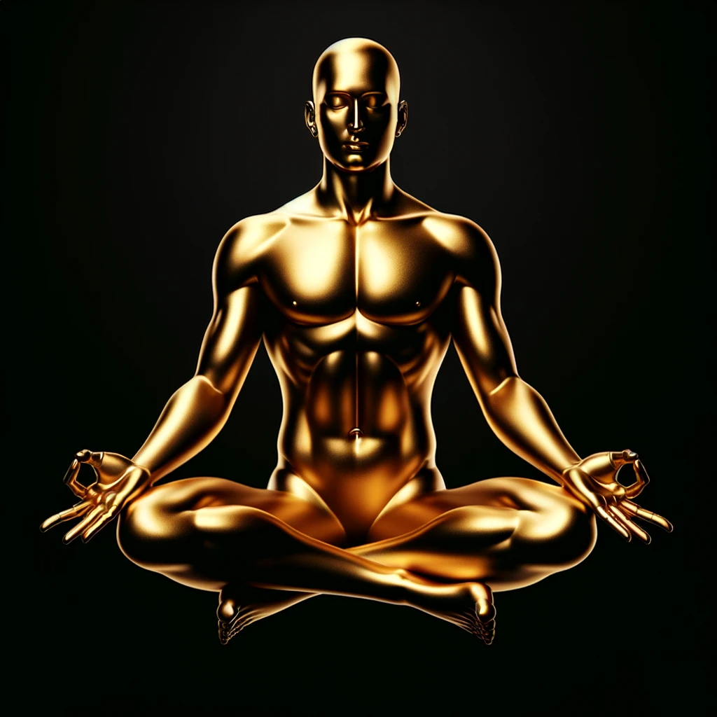 gold man meditating on black background