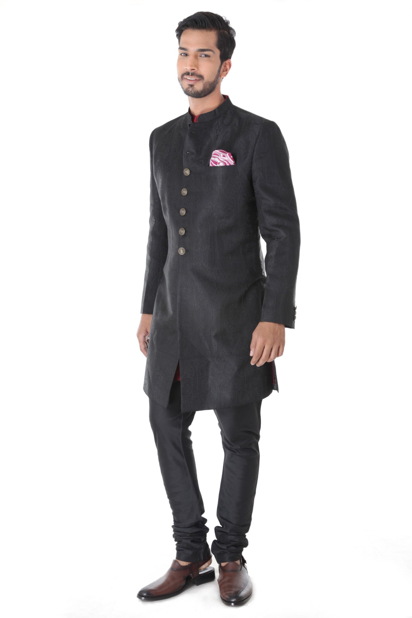 Ethnic Jacquard Black Achkan With Maroon Kurta Set – The Imperial India ...