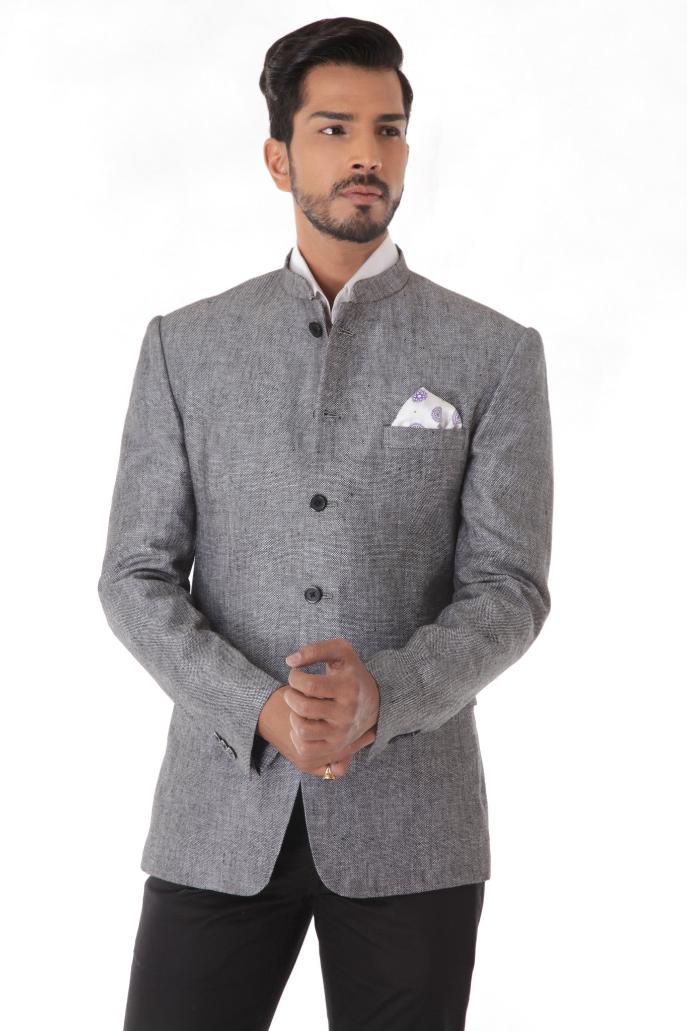 Grey Linen Bandhgala Jacket with Pocket Square – The Imperial India Company