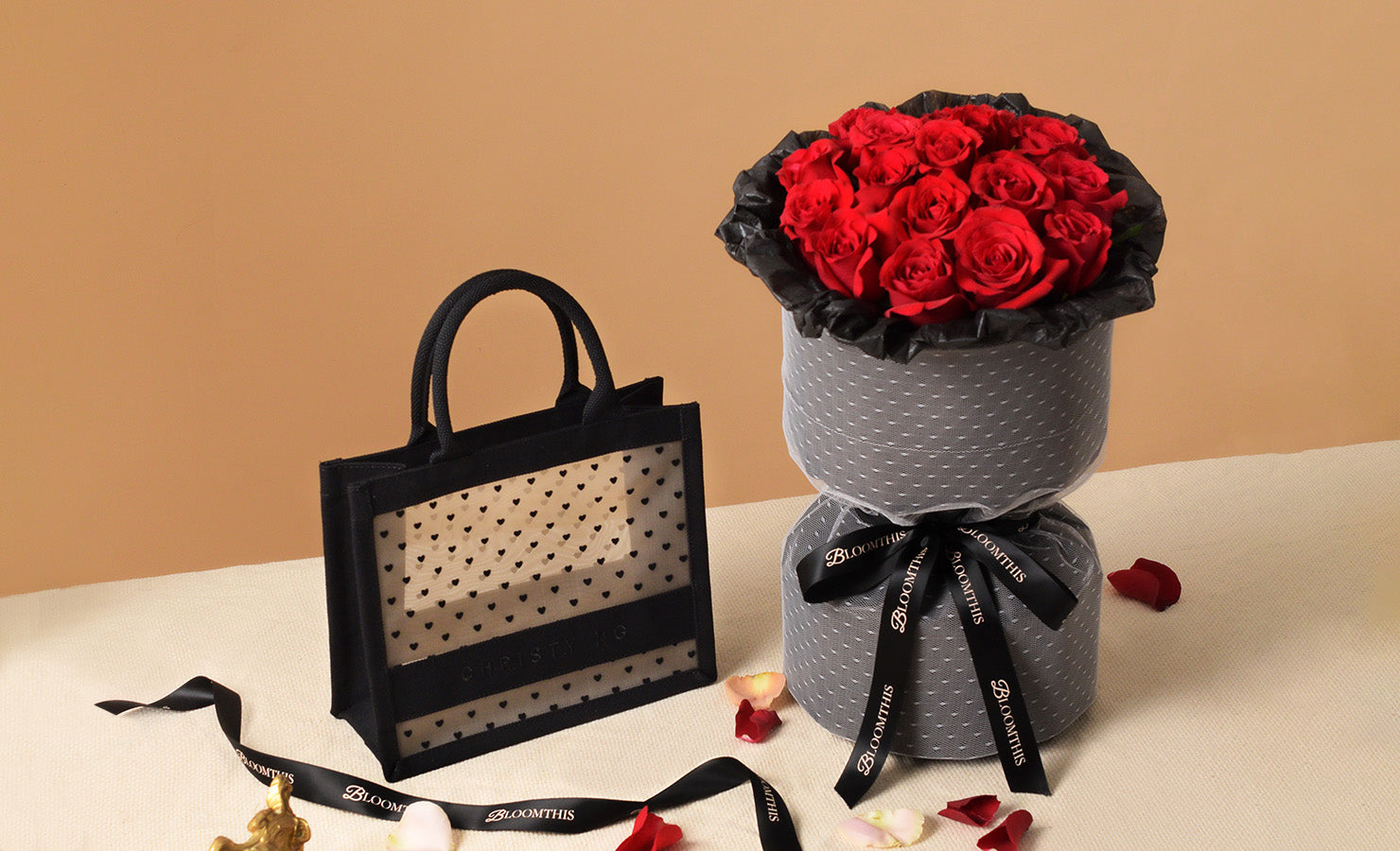 Shop Rachel Red Rose Bouquet + Christy Ng Mini Black Mesh Tote | BloomThis