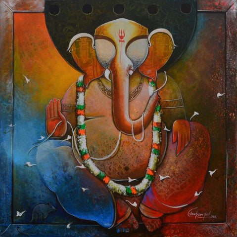 contemporary mixed media painting titled 'Ganesha', 36x36 inches, by artist Anupam Pal on canvas