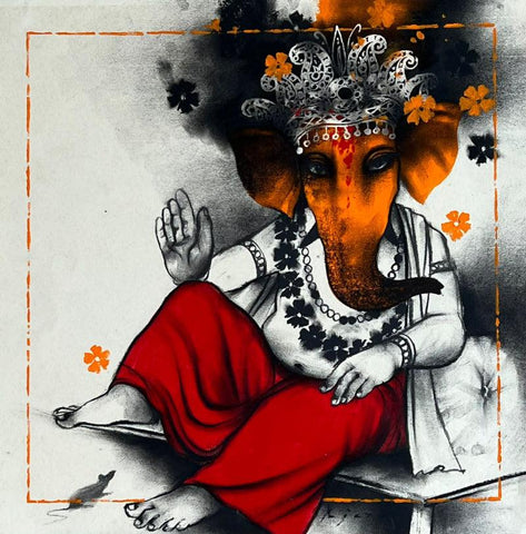 Religious acrylic charcoal painting titled 'Ganesha', 15x15 inches, by artist Ajay De on Paper