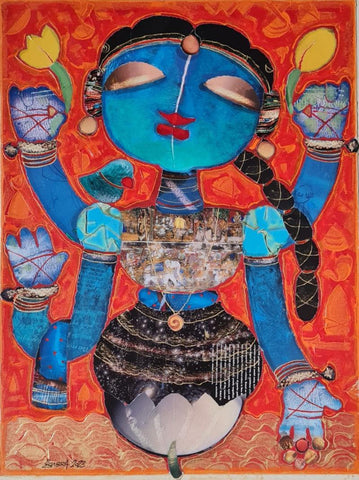 Religious mixed media painting titled 'Lord Lakshmi', 24x18 inches, by artist G Subramanian on Canvas