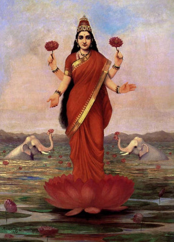 Figurative oil painting titled 'Goddess Lakshmi', 36x26 inches, by artist Raja Ravi Varma Reproduction on Canvas