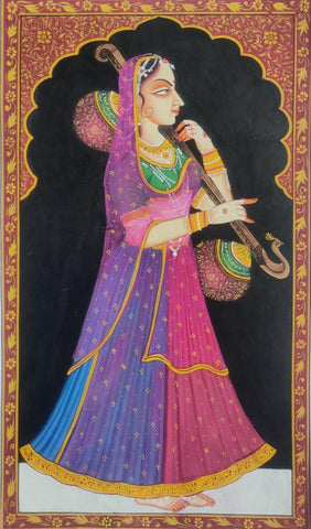 Figurative miniature traditional_art titled 'Lady With Veena', 15x9 inches, by artist Miniature on Cloth