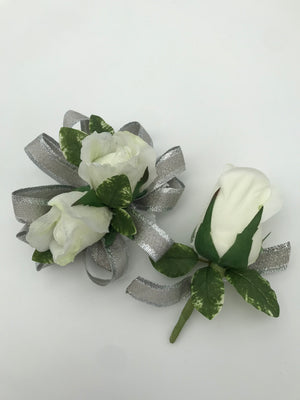 Artificial Flowers - Wrist Corsage and Pin-on Boutonniere (White Roses) - Petals