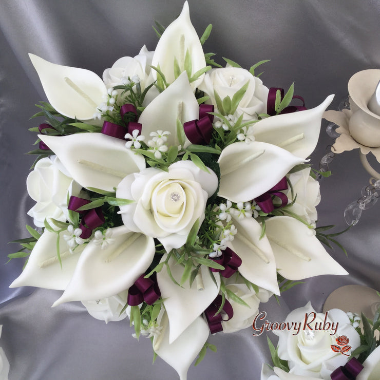 Ivory Rose & Large Calla Lily, Added Aubergine Ribbon Loops