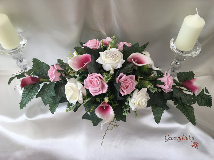 White Pink Centred Calla Lilies & Roses With Brooch Long Table Centrepiece