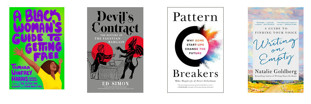 Collage of four book covers, from left to right: A Black Woman's Guide to Getting Free, Devil's Contract, Pattern Breakers, and Writing on Empty