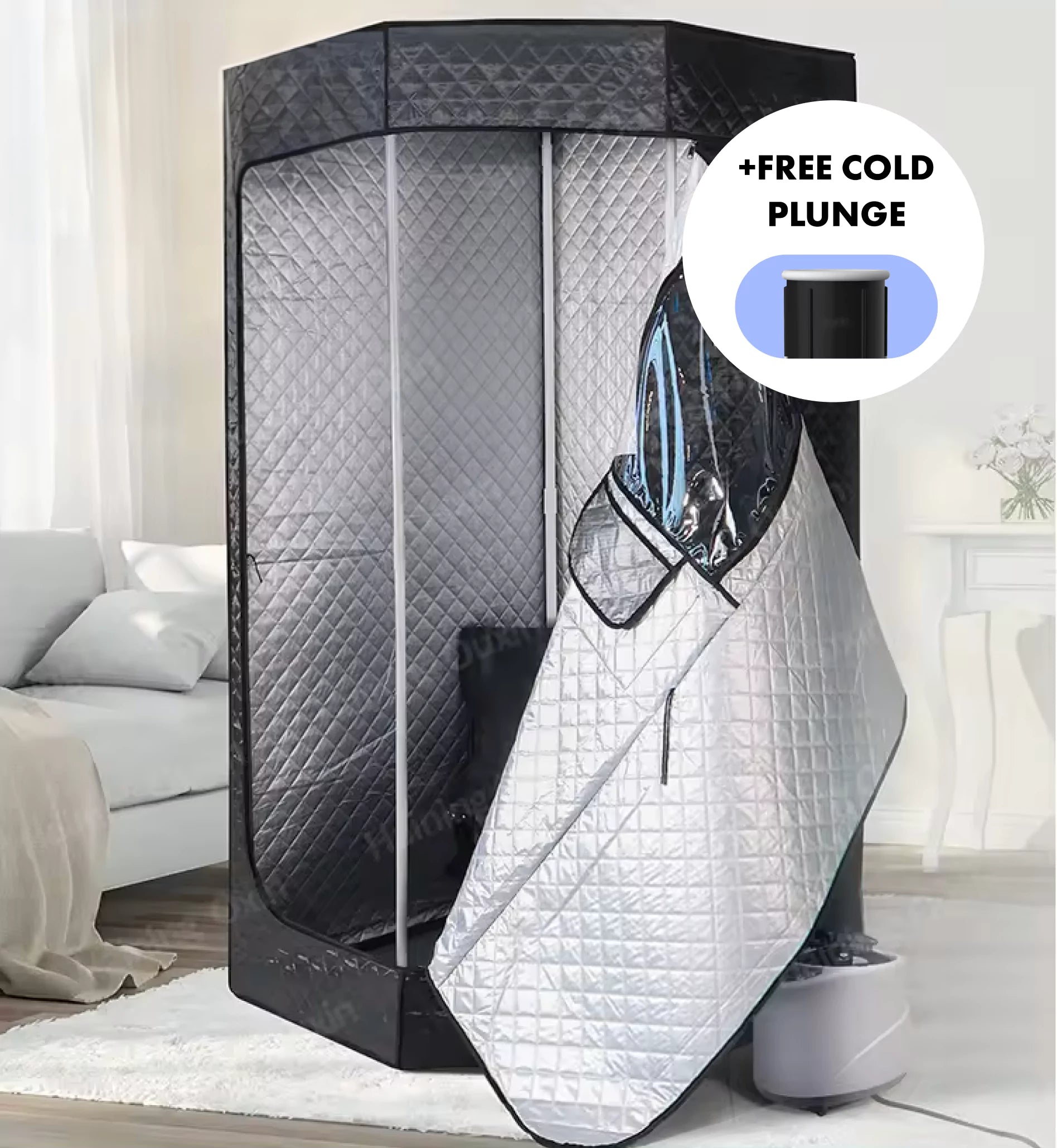 Quilted portable sauna tent in a living room, with an offer of a free cold plunge.