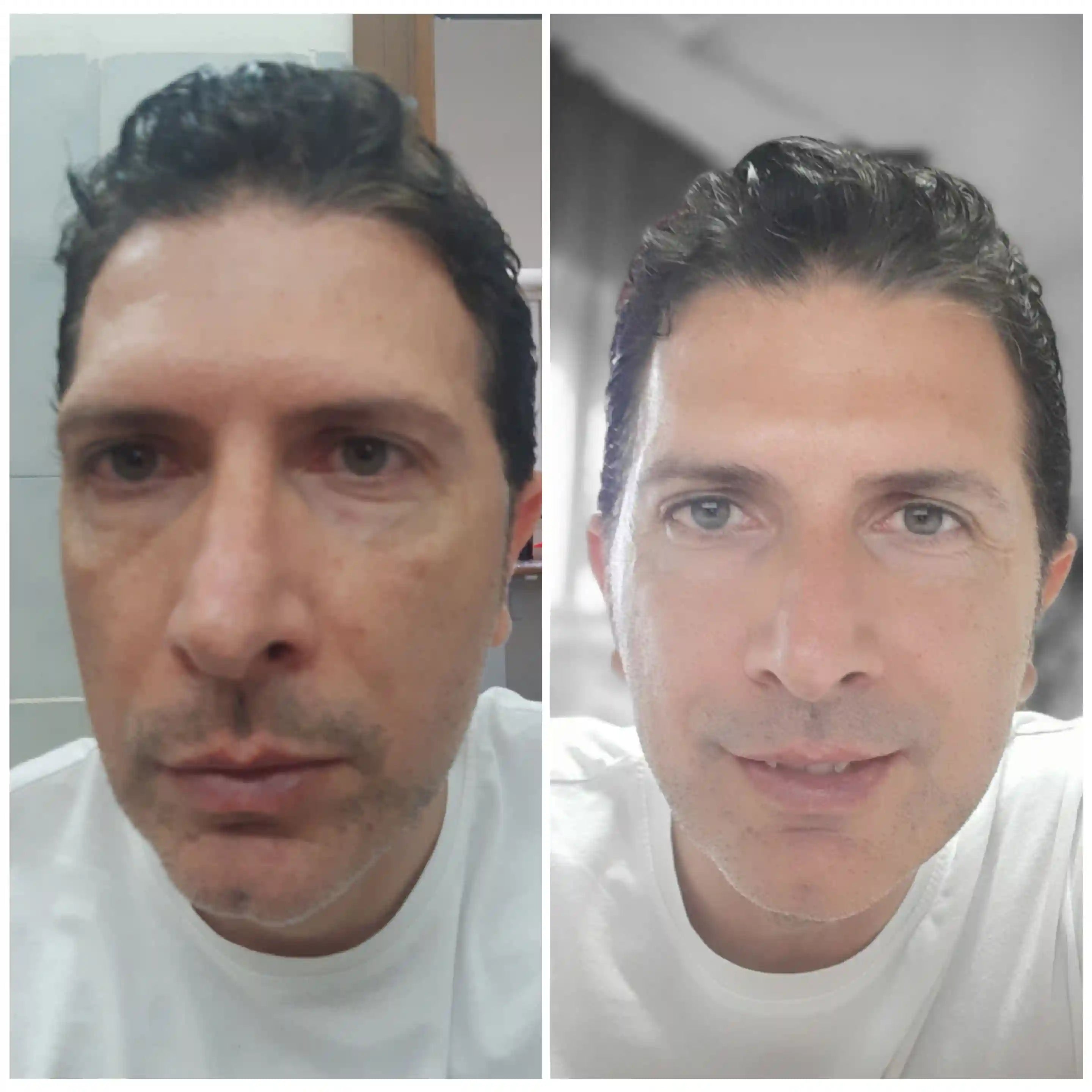 Side-by-side comparison of a man before and after a photo enhancement.