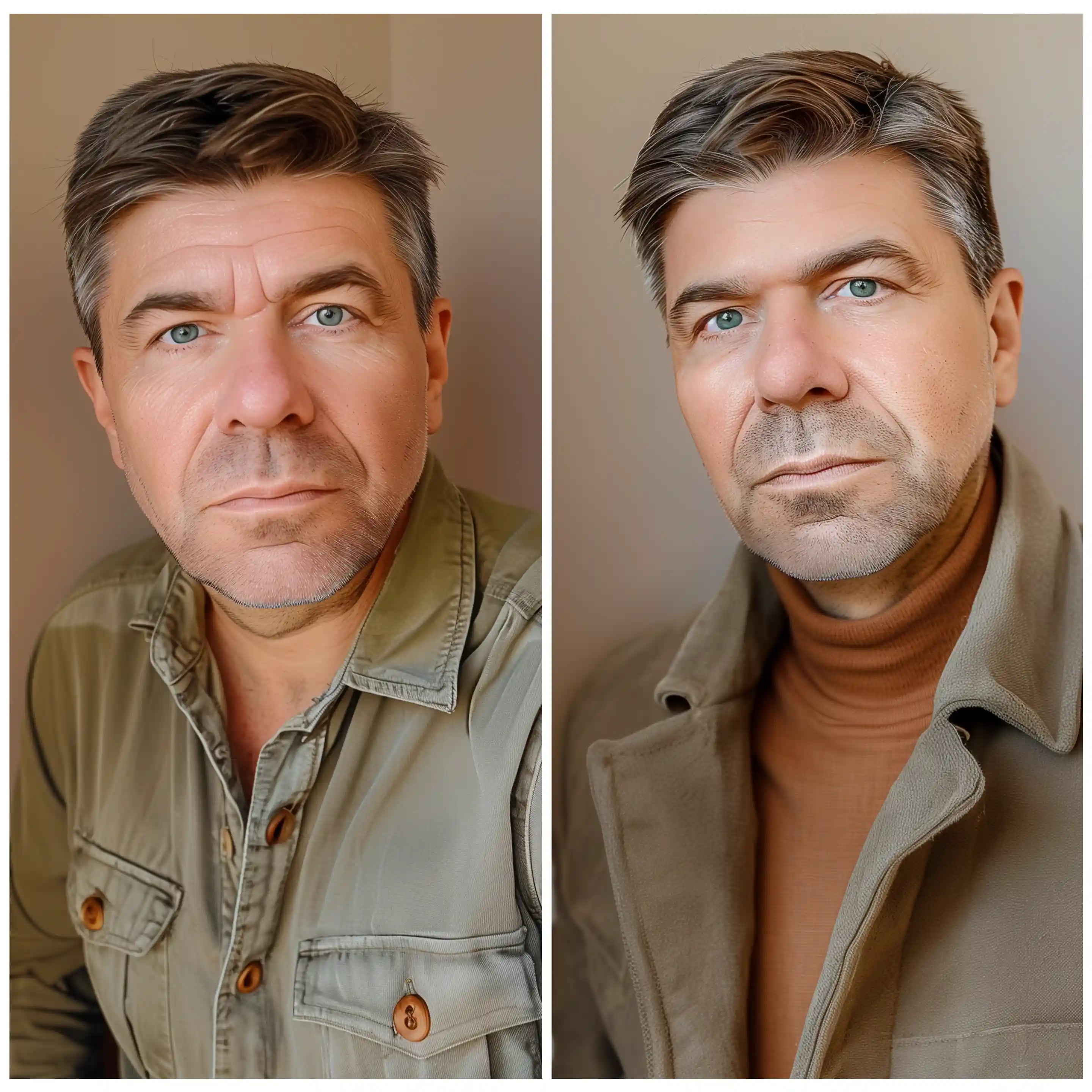 Side-by-side portraits of a man with short, greying hair, wearing a green shirt and a brown turtleneck.