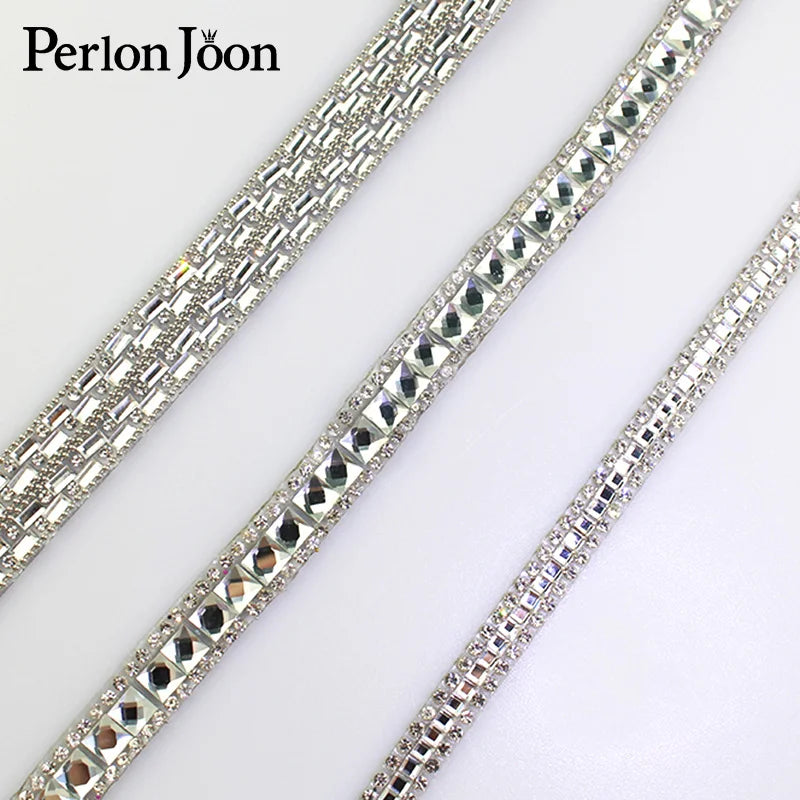 1 yard white glass sequence Motif crystal RhinestoneTape trim Hot Fix ribbon Iron On Appliques for Dress shoe adornment TR006