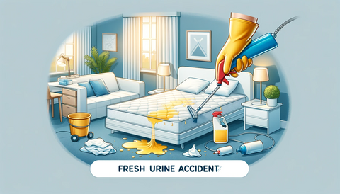 Illustration of a bedroom with a mattress undergoing cleaning, representing the process of cleaning up fresh urine accidents.