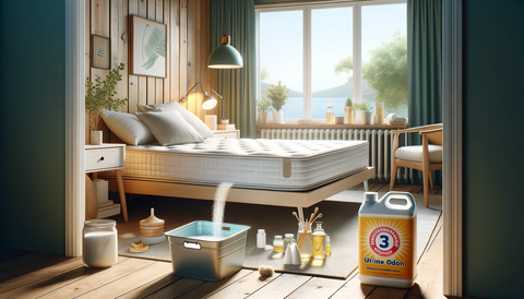 Bedroom with a clean mattress and natural cleaning products indicating a method for how to get pee out of a mattress.