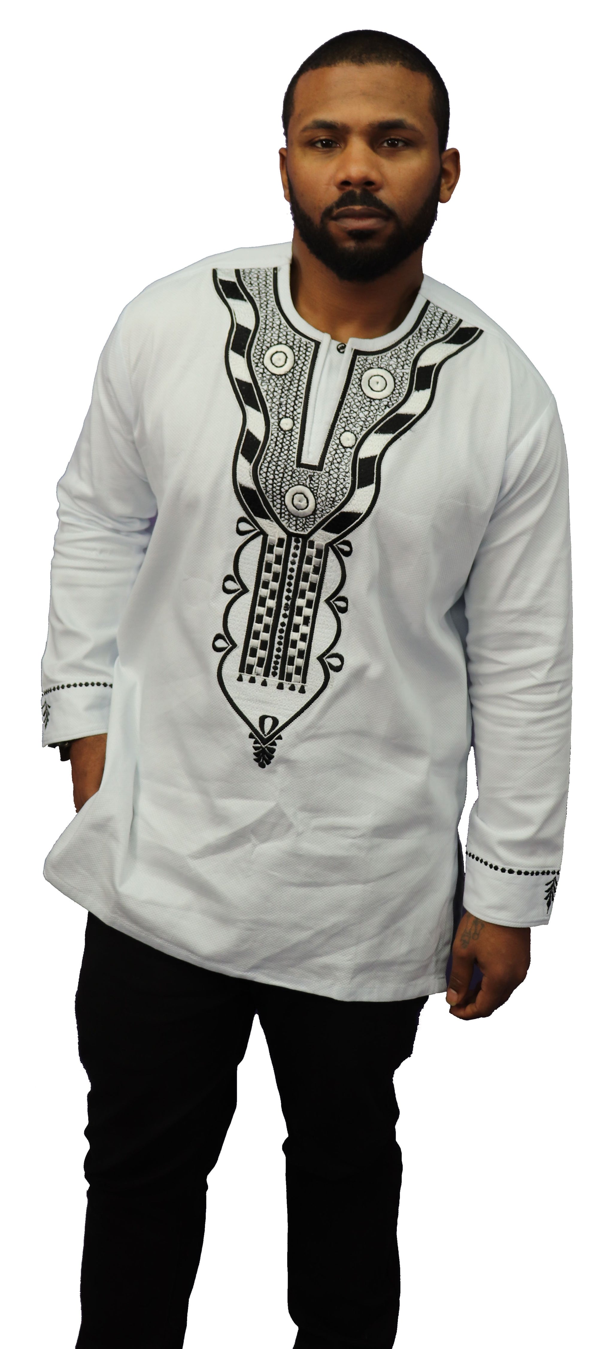 African Embroidery Long Sleeve Dashiki (Black Thread) - 001 ...
