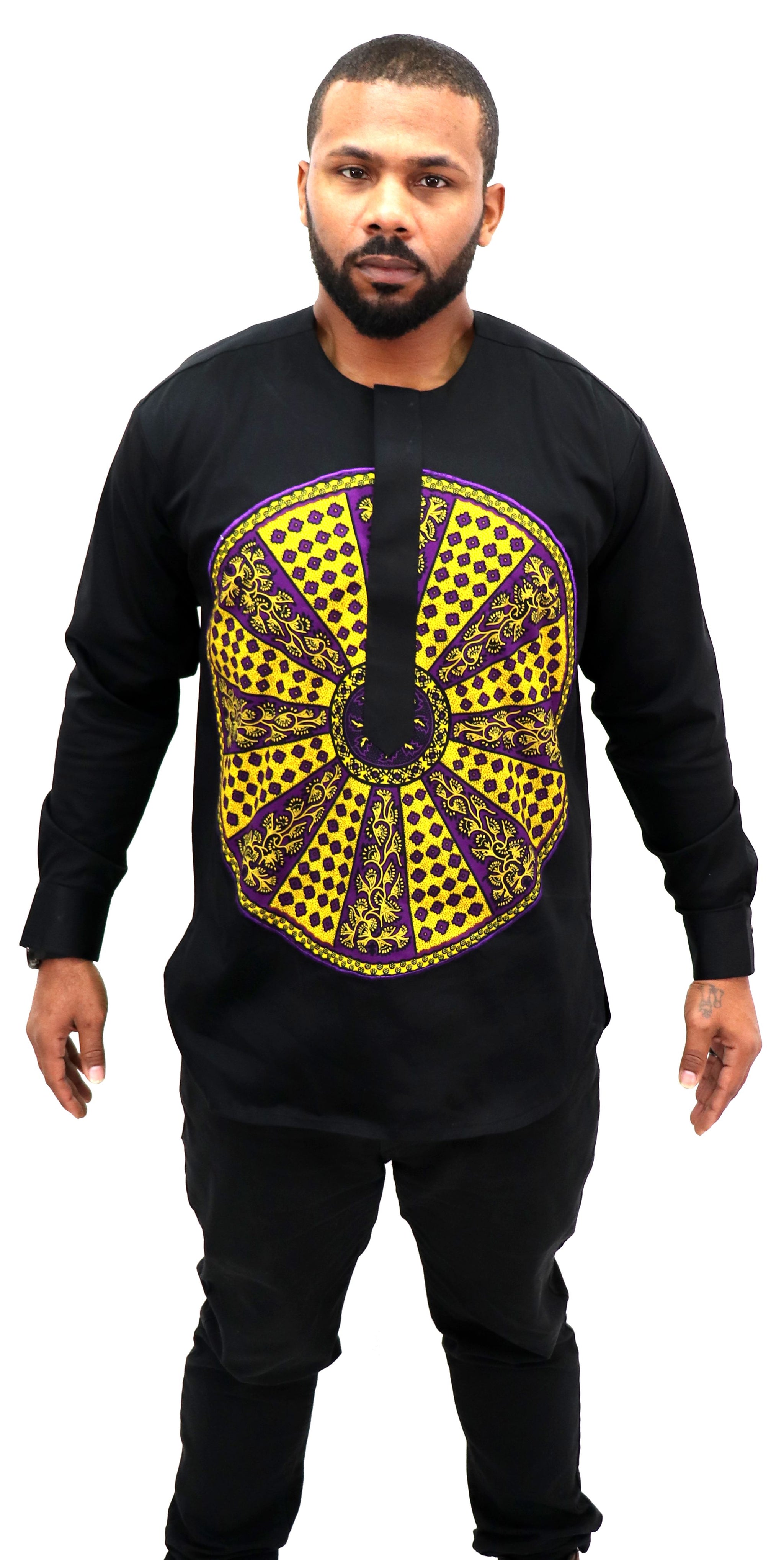 Long Sleeved Polo Style Shirt w/ African Print 005 - Afrocentric Network