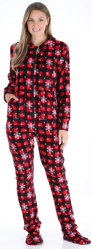 Red Plaid Snowflake Footed Onesie Pajama Hooded Women Small Pajamacity