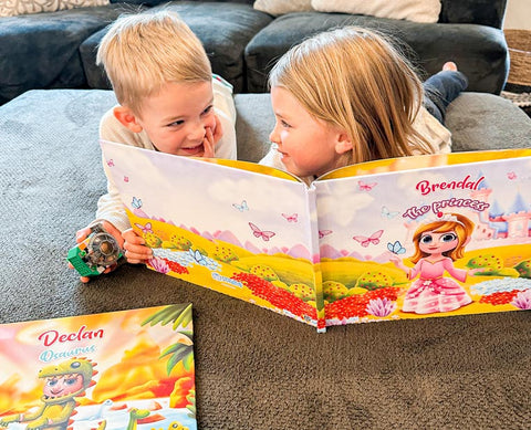 Children reading personalized story books