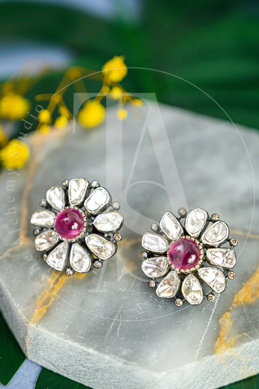 The Alchemy Studio Silver Plated Embellished Uncut Diamond And Ruby Flower Studs