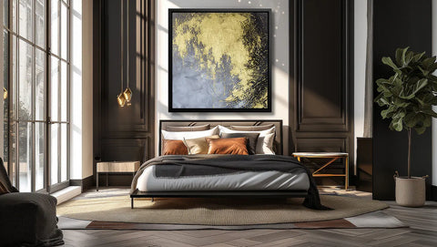 Unique expressive abstract painting in luxury wooden frame in a modern brown bedroom