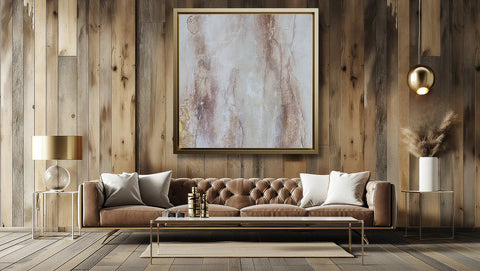 Modern trendy interior in bronze and gold with minimalist abstract art on a wooden panel wall. Hot home décor trend for 2024.