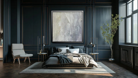 Modern bedroom in monochrome trendy blue with unique abstract artwork. Décor trends for 2024.
