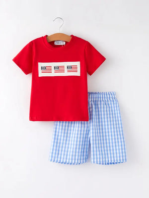 4th of July Flag Embroidery Smocking Boys Set - Signed by Heather Boutique