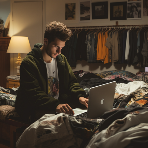 young man shopping for vintage shirts in front of laptop