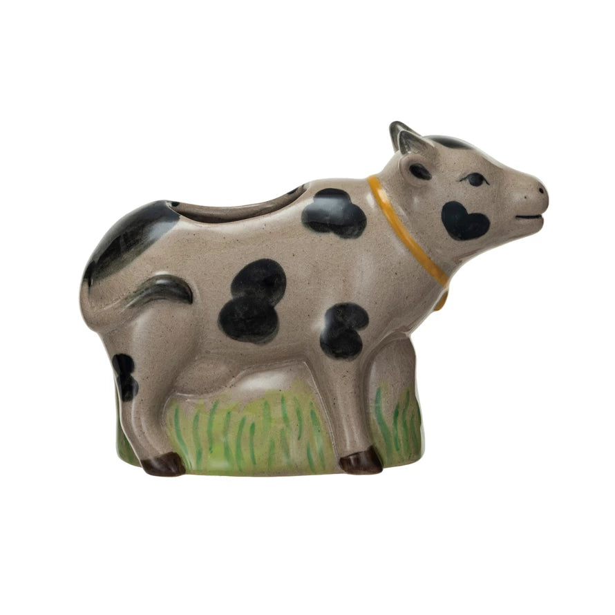Hand-Painted Stoneware Cow Shaped Vase