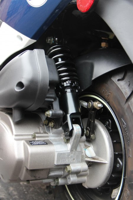 Close up of Low Down Shock installation on a Buddy Scooter.