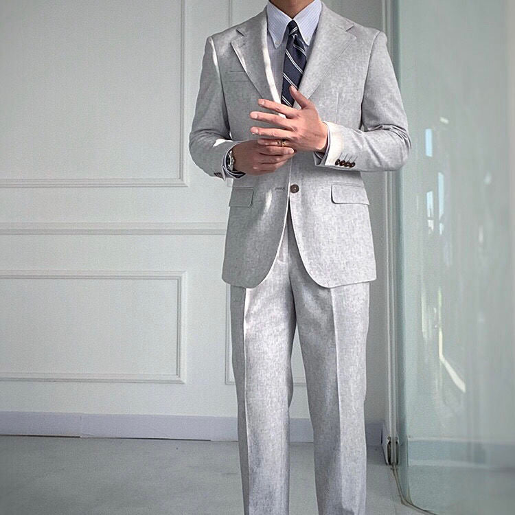 Men Linen Silver 2 Piece Suit