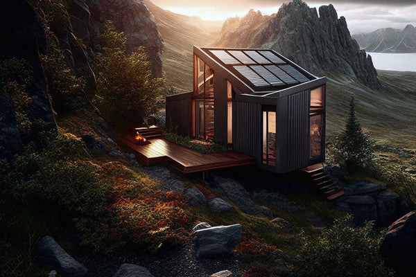 AI image of tiny house with solar panels by a mountain