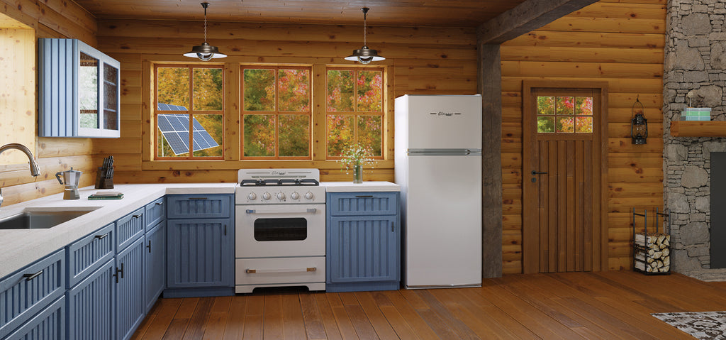 Solar Fridge in Kitchen with SOlar Panel in Background