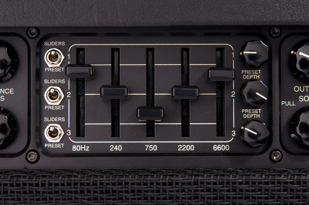 EQ control pannel with switches, sliders, and knobs