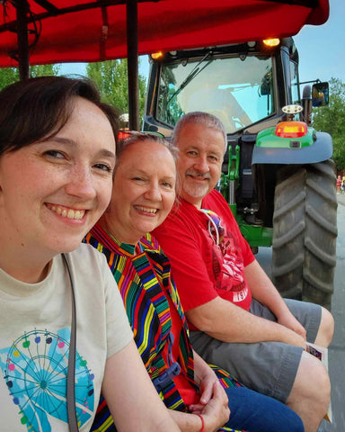 Jim, Elise, and I on the tractor shuttle at the Indiana State Fair 2023