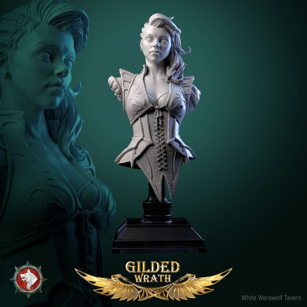 Myra Forgeheart Bust - Gilded Wrath - 3d Printed Miniature Sculpted by White Werewolf Tavern