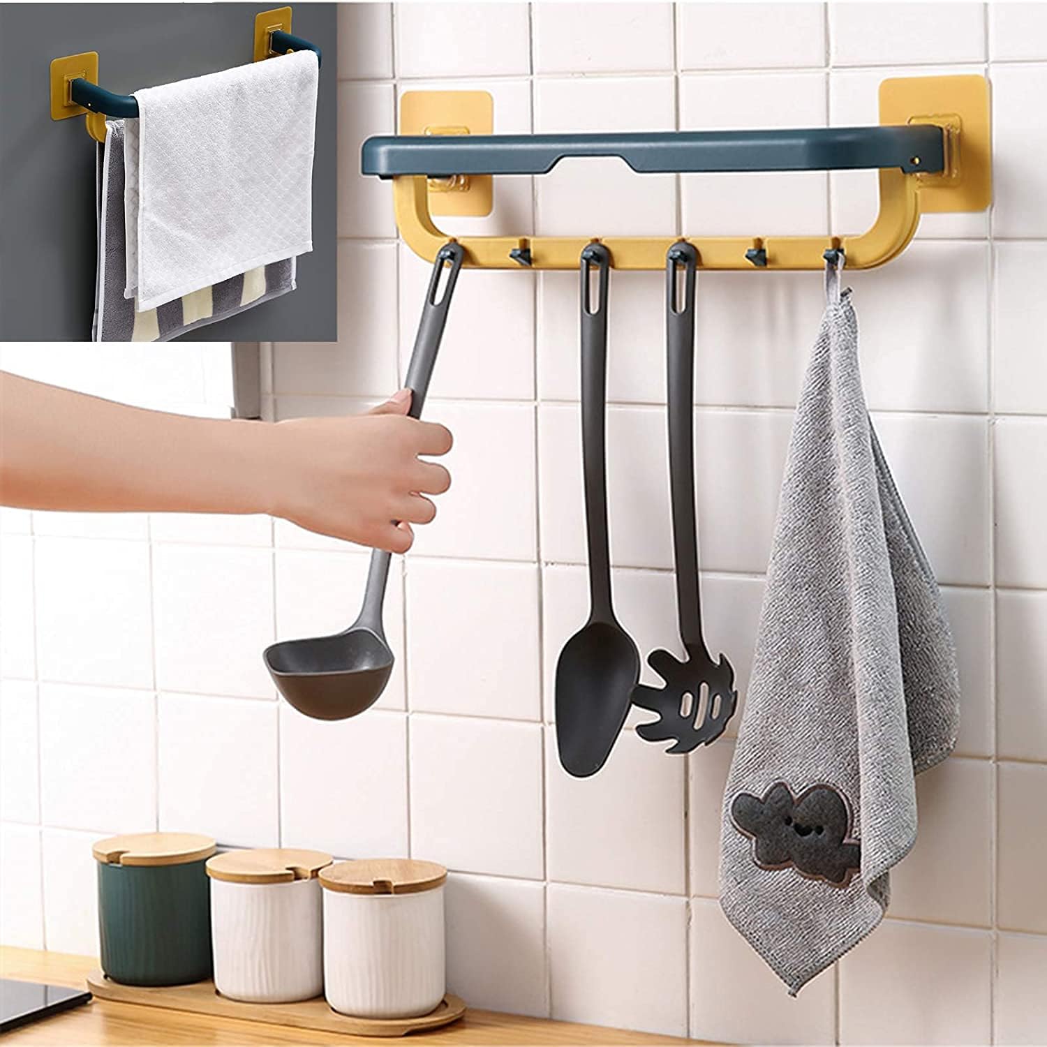 1515 Wall Mounted Double Bar Towel Holder with Hooks | Multifunctional Adjustable Towels Rack for Kitchen / Bathroom | Folding Towel Shelf